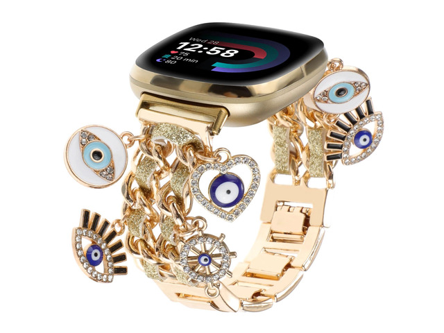 Stylish Metal Wristband Compatible with Fitbit Versa 4/Versa 3 Bands/Sense 2/Sense Band,Cute Strap with Love Cross Unique Pendants Chain Charms...