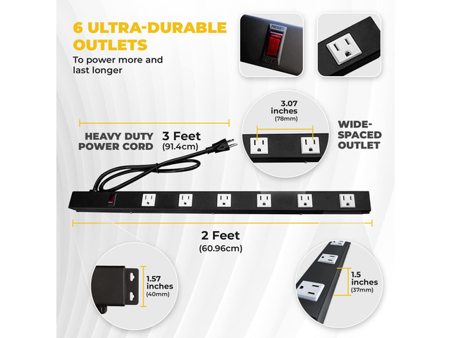 6 Outlets 3 Feet Power Cord 2 Feet Body OT2063 Heavy Duty Metal Surge Protector Power Strip with Mounting Parts - Free End Caps for Shipping...