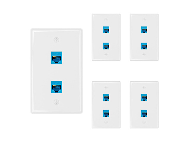 5-Pack Cat6A Ethernet Wall Plate, 2-Port RJ45 Wall Plate, Blue 2-Port Keystone Wall Plates with Cat 6A Coupler 10Gbit/s, Female to Female Cat6a...