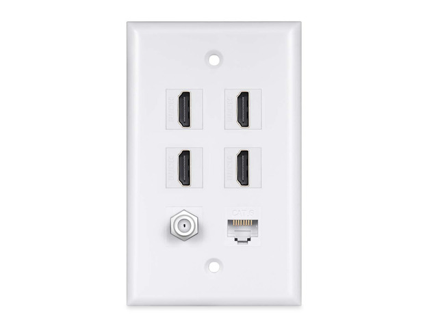 HDMI Wall Plate 4Port, 1 Cat6 Ethernet, 1 Coax Cable TV F Type Port HDMI 2.0 Coupler Insert Wallplate, Decorative Female to Female Faceplate, White
