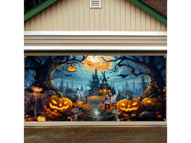 7x16FT Halloween Garage Door Banner Cover Decorations Scary Castle Moon Fabric Spooky Night Pumpkins Large Backdrop, Outdoor Hanging, Double Car...