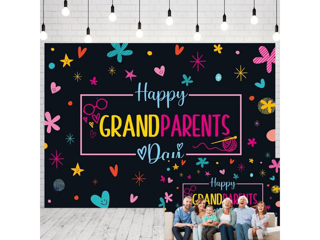 Happy Grandparents Day Photography Backdrop 8x6FT Doodle Hand-drawn Layout, Colorful Grandparents Festive Photo Backdrop, Lightweight Vinyl, Easy...