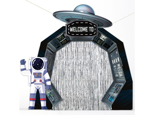 Outer Space Birthday Party Decorations Astronaut Hanging Porch Banner Backdrop Planet Door Covers Spaceship Silver Foil Fringe Backdrop for Galaxy...