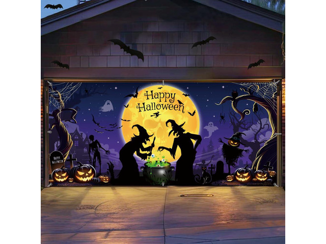 Large Halloween Garage Door Decorations 6 x 13 ft, Horror Scary Sukll Garage Door Cover Banner Witches Pumpkins Bats Background Party Supplies for...