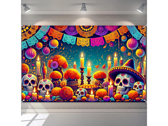 Dia de Los Muertos Banner 71x43 in Papel Picado Decor Sugar Skull Fiesta Banner, Day of the Dead Background for Photos, Wall, Papel Picado...