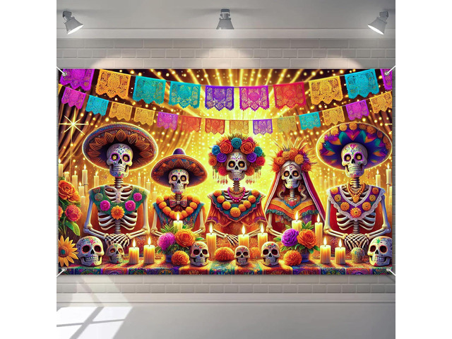 Dia de Los Muertos Banner 71x43 in Cultural Festival Decor Sugar Skull Fiesta Banner, Day of the Dead Background for Photo Booth, Wall and...