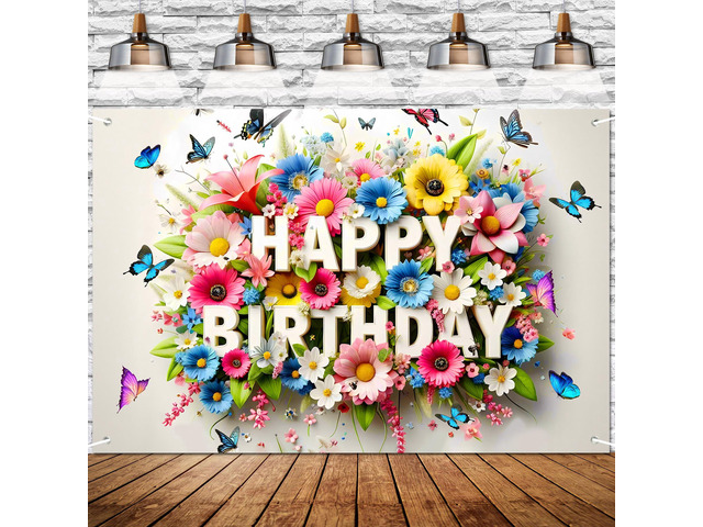 Floral Butterfly Happy Birthday Banner Background with Vibrant Colors, Spring Garden Party Decor, Photography Backdrop for Kids Celebration, Baby...