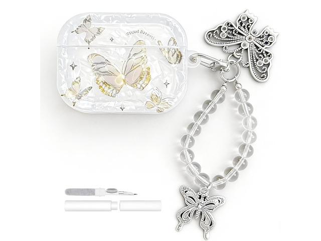 Compatible with AirPods Pro 3 Case with Keychain and Cleaner Kit, Cute Clear Butterfly Pattern Protective Cover for Women and Girls (White, for...