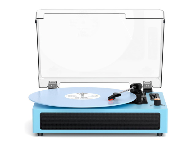 Bluetooth Turntable Vinyl Record Player, 3-Speed Record Player with Built-in Speakers,USB Recording, AUX in Auto Stop, Belt-Drive LP Player Blue