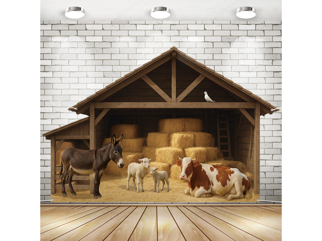 9.8 x 6.5 ft Christmas Nativity Backdrop Decorations Nativity Stable Scene Garage Door Banner Farm Barn Manger Straw Bales Haystack Wall Decor...