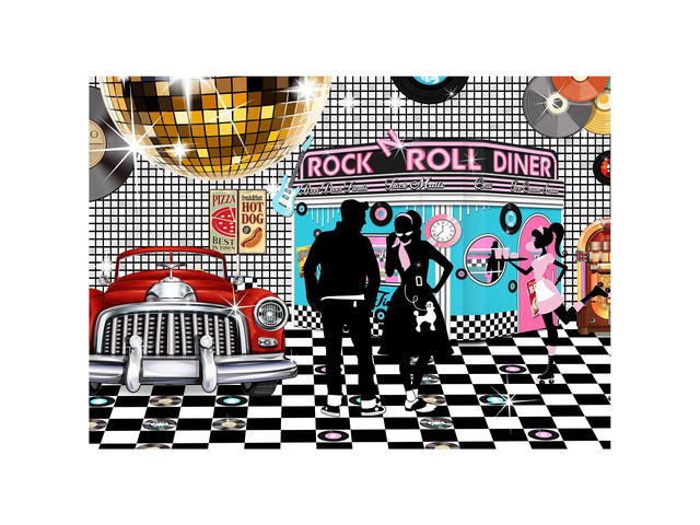 50s Diner Backdrop 1950s Rock and Roll Background 7x5 ft Large Banner; Sock Hop Birthday Decoration; Dessert Table & Photo Booth Prop Decor,...
