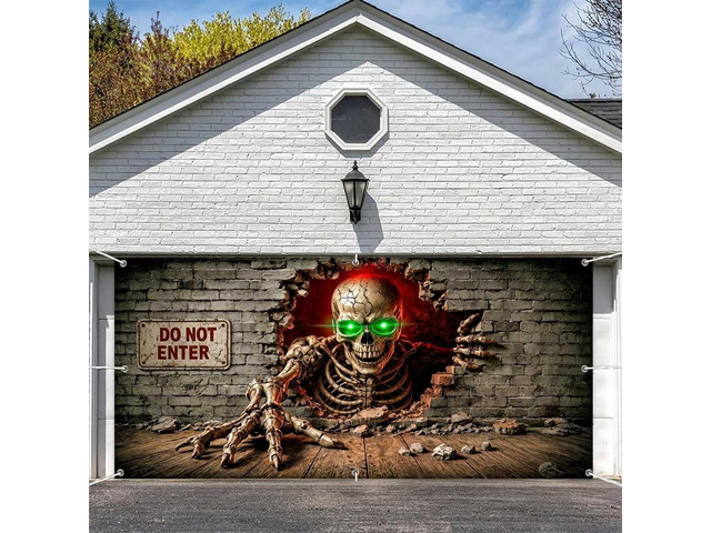 Halloween Garage Door Decorations, 8 x 7FT Hanging Banner Door Cover Spooky Party Photography Backdrop