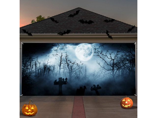 Halloween Garage Door Decorations Banner Cover Skeleton Graveyard Wooden Spooky Night Garage Wall Decorations for Outdoor Holiday Party Indoor...