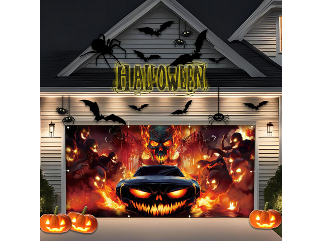 Halloween Garage Door Banner - 7x16 ft Skull Large Hanging Backdrop Halloween Garage Door Cover Wall Decorations for Outdoor Indoor, Holiday Party,...
