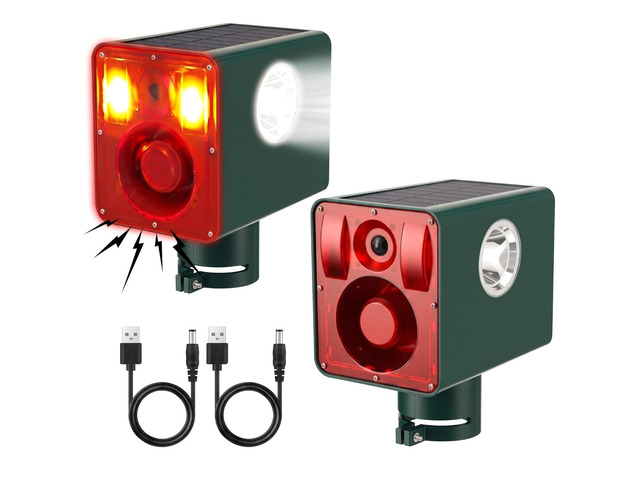 2 Pack Solar Outdoor Motion Sensor Alarm Sound and Light 129db 13 Sound Dog Barking Gunshot 3 Modes Strobe Light, Animal Detector Deterrent Noise...
