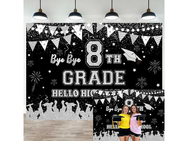 Black Silver Bye Bye 8th Grade Hello High School Backdrop 8x6ft 8TH Grade Graduation Party Decorations Class of 2026 Photo Booth Props
