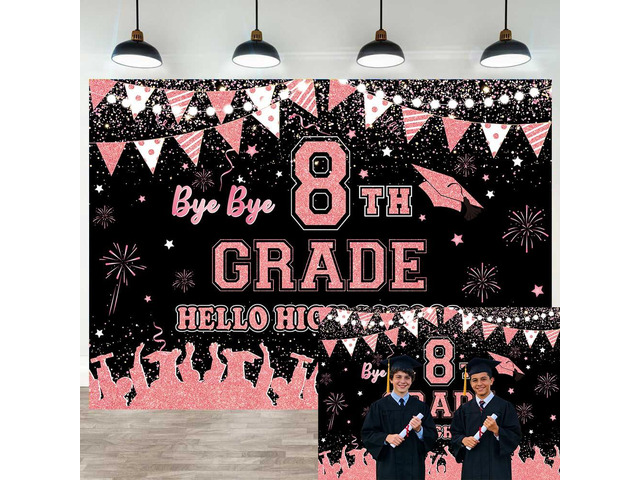 Rose Gold Bye Bye 8th Grade Hello High School Backdrop 8x6ft 8TH Grade Graduation Party Decorations Class of 2026 Photo Booth Props