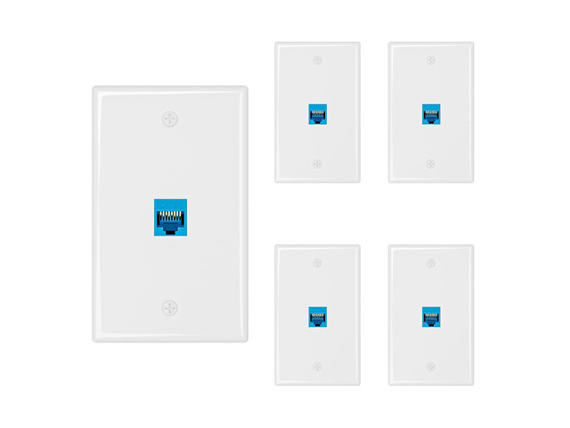 5-Pack Cat6A Ethernet Wall Plate, 1-Port RJ45 Wall Plate, Blue 1-Port Keystone Wall Plates with Cat 6A Coupler 10Gbit/s, Female to Female Cat6a...
