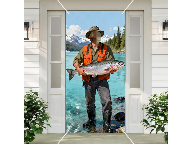 Fisherman Photo Booth Prop Door Banner - Face-in-Hole Fishing Theme Party Backdrop, Realistic Lake & Mountain Catch of the Day Selfie Station, Door...