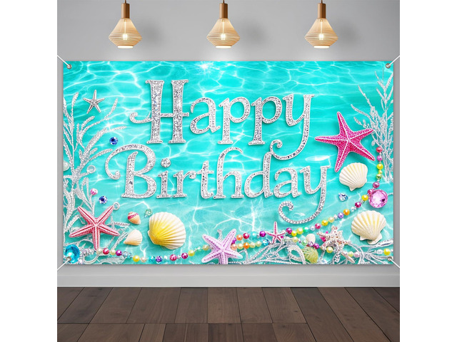 Happy Birthday Backdrop Banner 71x43 Inch Aqua Blue Ocean Theme Birthday Party Decorations Photography Background Photo Booth Props for Women Girls