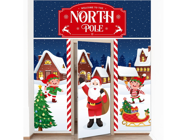 4 Pcs 98 Inch Gingerbread Door Cover Santa Claus and Elves Christmas Peppermint Candy Design, Holiday Party Classroom Backdrop, Includes...