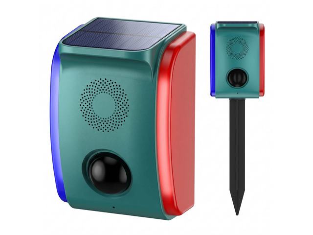 Solar Motion Sensor Alarm, Motion Activated Deer Bear Deterrent Voice Customization, 20 Sounds With Dog Barking, Red & Blue Strobe, 5 Smart...