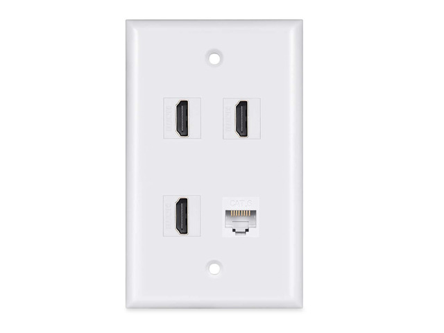 HDMI Wall Plate 4 Port, Cat6 Ethernet Wallplate, White HDMI 2.0, Decorative Wall Outlet, Female to Female, For HDTV