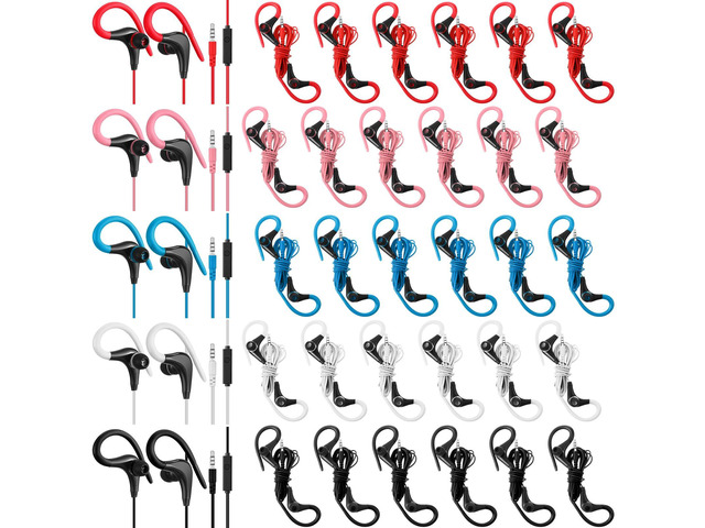 30 Pcs Over The Ear Earbuds Wired Sport Running Earphones Bulk 3.5 MM Plug Jack Wired Earbuds with Microphone Sweatproof Wrap Around Headphones...