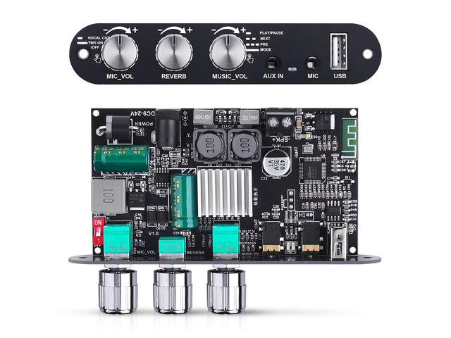 ZK-10001UM Bluetooth 5.3 Amplifier Board, 100W Mono Class D Power Amp with TWS Pairing, USB/AUX Input, Mic/Music Vol, Microphone Reverb Support EQ...