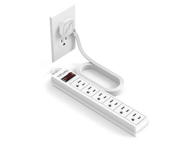 Flat Plug Power Strip, 5 FT Flat Extension Cord, 6 Outlets with 600J Surge Protection, Wall Mountable for Home and Office