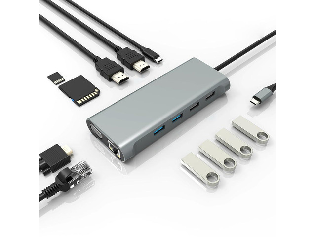 USB C Hub 11 in 1 Docking Station with HDMI, SD/TF, USB 2.0, USB 3.0,VGA, RJ45 Ethernet Ports,100W PD, Triple Display or Dual Monitor with 2 HDMI...
