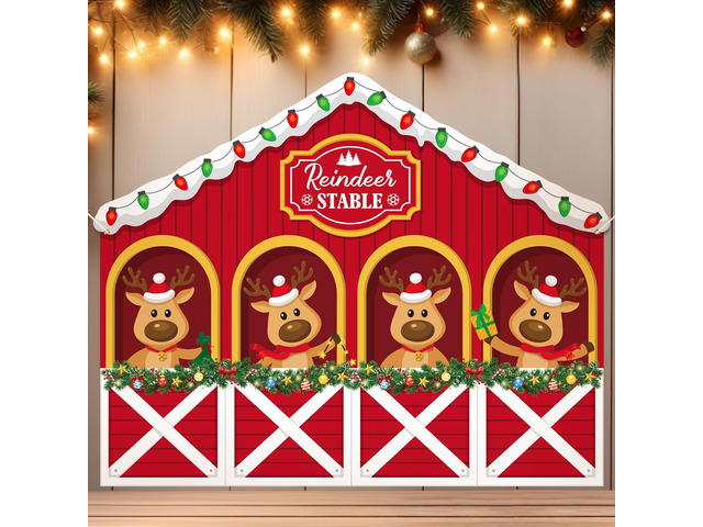 8 x 6.5 ft Christmas Reindeer Backdrop Decorations Reindeer Stable Garage Door Banner Xmas Elk Photo Background for Winter Holiday Party Indoor...