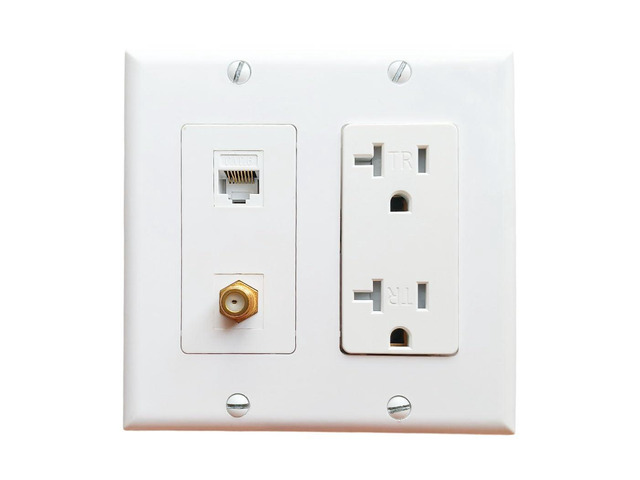 2 Gang Ethernet Coax Wall Plate with 20Amp Power Outlet - Duplex Receptacle Outlet Cover Plate with Coaxial Ethernet +1 Port CAT6 + 1 Coax Cable TV...