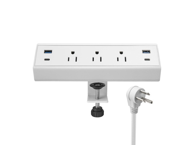 Desk Clamp Power Strip with USB C 40W Fast Charge 4 USB Ports 3 AC Outlets (White)