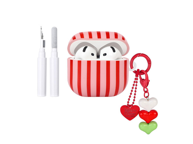 Compatible for AirPods 4 Case Soft TPU with Cleaner Kit Cute Striped Aesthetic Design Shockproof Cover with Love Heart Keychain for Girls Woman-Red