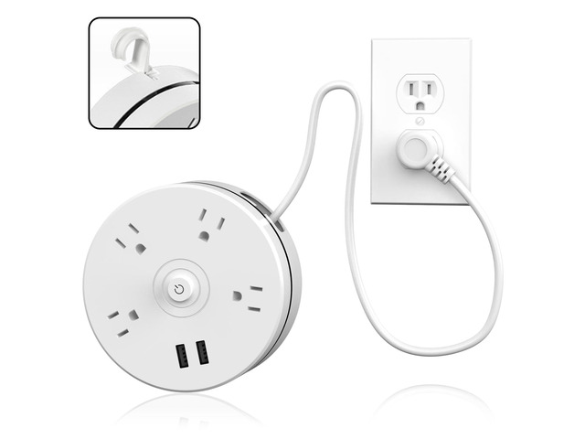 Travel Power Strip with USB Ports, 6ft Extension Cord, Circular Retractable Power Strip with 4 AC and 2 USB Ports, Wall Mountable with Hook, for...