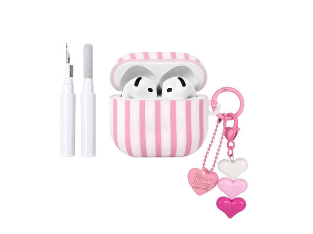 Compatible for AirPods 4 Case Soft TPU with Cleaner Kit Cute Striped Aesthetic Design Shockproof Cover with Love Heart Keychain for Girls Woman-Pink