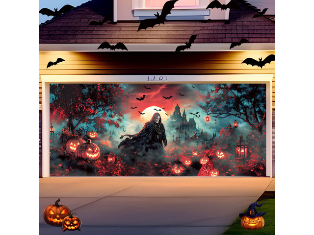7x16ft Halloween Garage Door Banner Skull Backdrop Outdoor,Spooky Gloomy Mural for Party Yard Window, Hanging Wall Cover, Haunted House Theme...