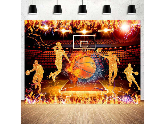 10X8ft Basketball Backdrop Banner Boy Basketball Sport Theme Party Stadiums Match Spotlight Ice and Fire Background Fans Club Home Indoor Banner...