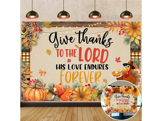 Fall Backdrop Give Thanks to The Lord His Love Endures Forever Banner 8x6ft Happy Thanksgiving Photography Background, Autumn Pumpkin Maple Leaf...
