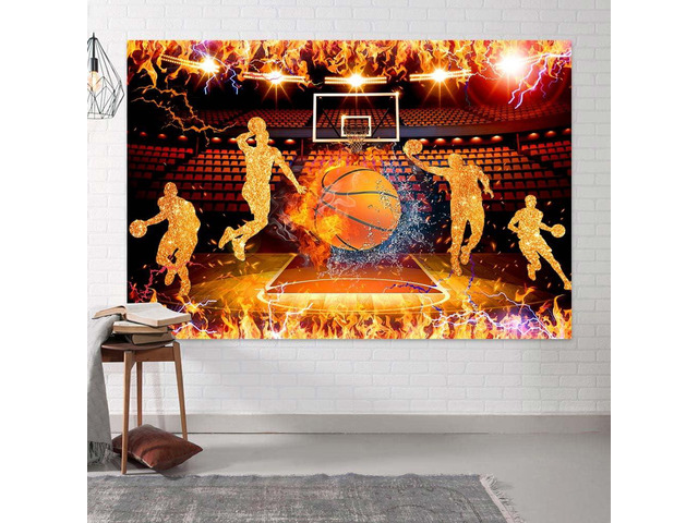 7x5ft Basketball Backdrop Banner Boy Basketball Sport Theme Party Stadiums Match Spotlight Ice and Fire Background Fans Club Home Indoor Banner...