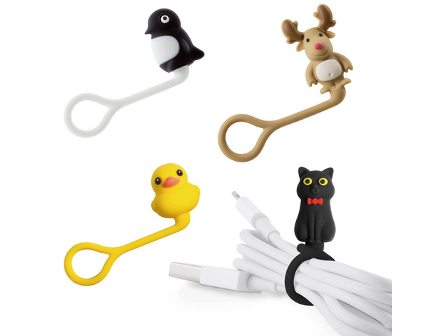 Style Q Cord Ties (4 Packs), Cute Cartoon Animal Wire Management & Cord Organizer, Reusable & Washable Silicone Cable Strap (Patti Duck - Miao Cat...