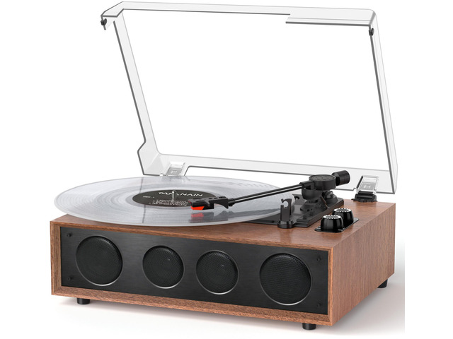 Vinyl Record Player Bluetooth Turntable with 4 Built-in Speakers, 3-Speed Belt-Driven Wireless Record Player with Adjustable Counterweight, LED...