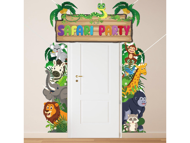 Cartoon Jungle Safari Door Porch Banner Party Decoration Safari Animal Party Decor Backdrop Jungle Wild Animal Photo Booth Props Background for...
