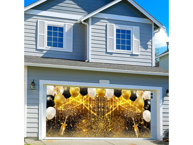 16X7ft Black and Gold Glitter Party Garage Door Cover Decoration, Birthday Wedding Bridal Prom Graduation New Year Balloons Garage Buddy Party...