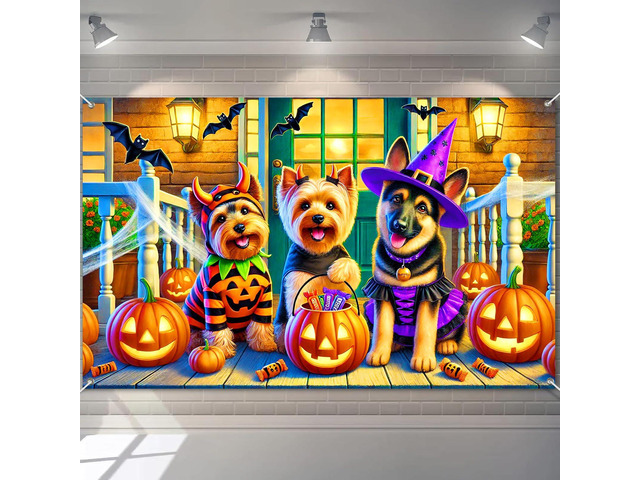 Halloween Dog Banner Trick Or Treat Decorations 71 x 43 Inch Halloween Party Banner Haunted Photo Backdrop for Yard Wall Haunted House Trick or...
