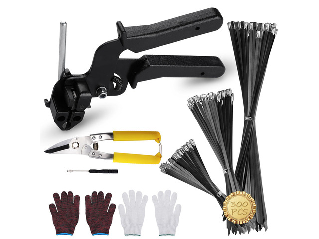 Metal Zip Ties, Stainless Steel Cable Tie Gun Set with 300pcs Metal Zip Tie Heavy Duty Outdoor Adjustable Fastening Cutting Tie Tool Sets for Chain...