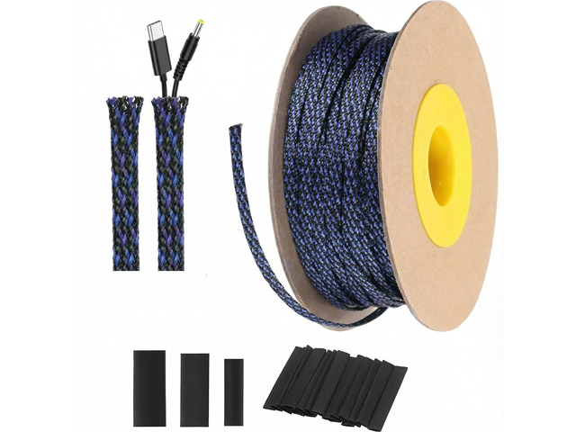 300 feet - 1/4 Inch Expandable Braided Cable Sleeve with 60 Heat Shrink Tubing for Television Audio Computer Cables Video Pets(Blue and Black)