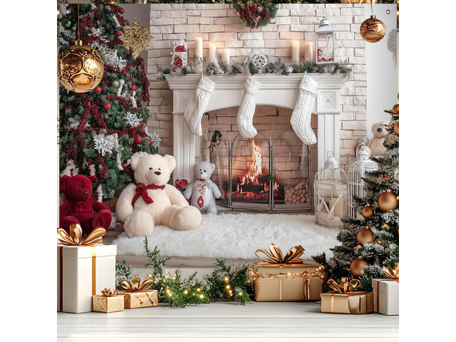 Christmas Fireplace Backdrop Tree Decorations 8 x 6 FT Christmas Backdrop Holiday Banner Cozy Decor Christmas Tree Display for Home Wall Photo...
