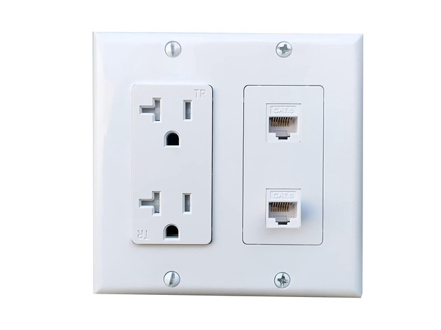20Amp Power Outlet with 2 CAT6 Ethernet Port - Double Gang Ethernet and Power Outlet Cover Plate with 2 CAT6 RJ45 Keystone Jack - White